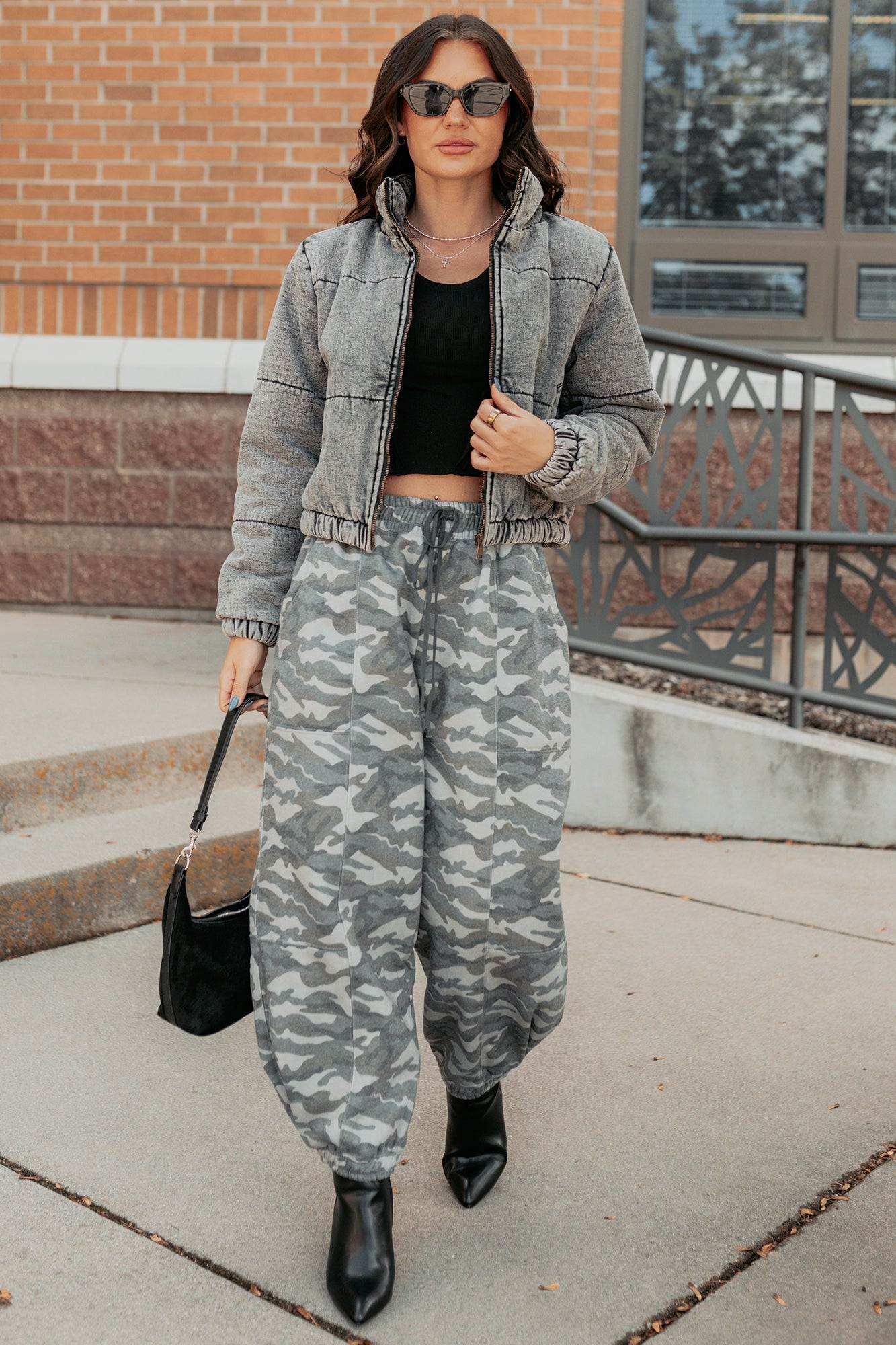 Warm Refuge Denim Cropped Puffer Jacket (Black)