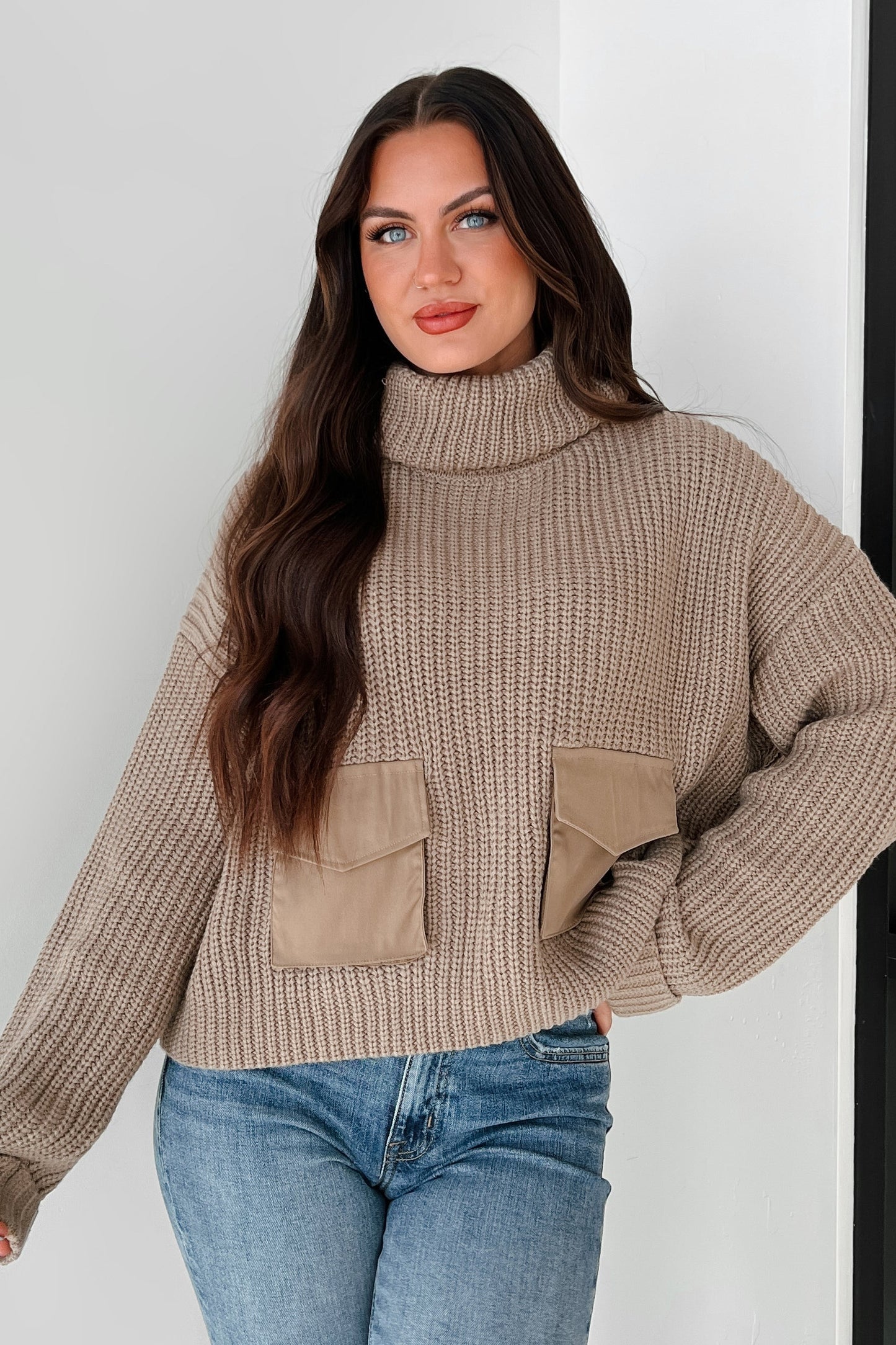 Tell Me Everything Cowl Neck Cargo Sweater (Taupe)