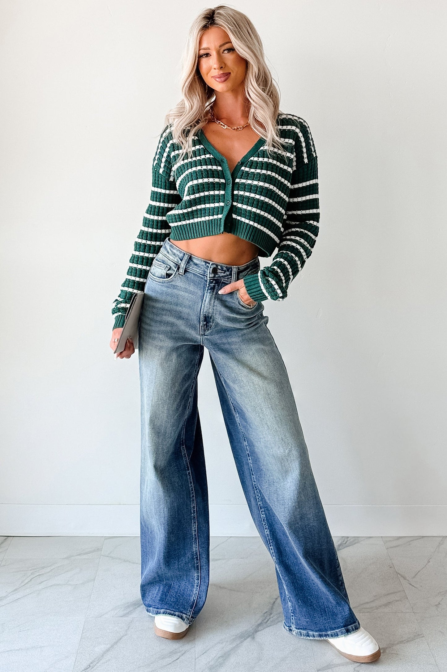 Relax & Flow Striped V Neck Cardigan Top (Dark Green/White)