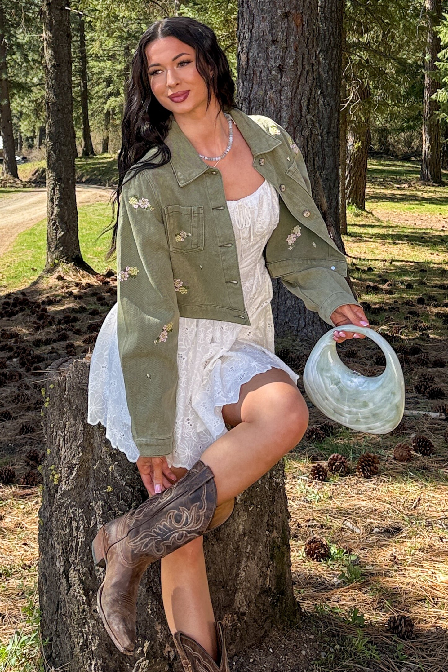 Under The Sun Floral Denim Cropped Shacket (Olive)