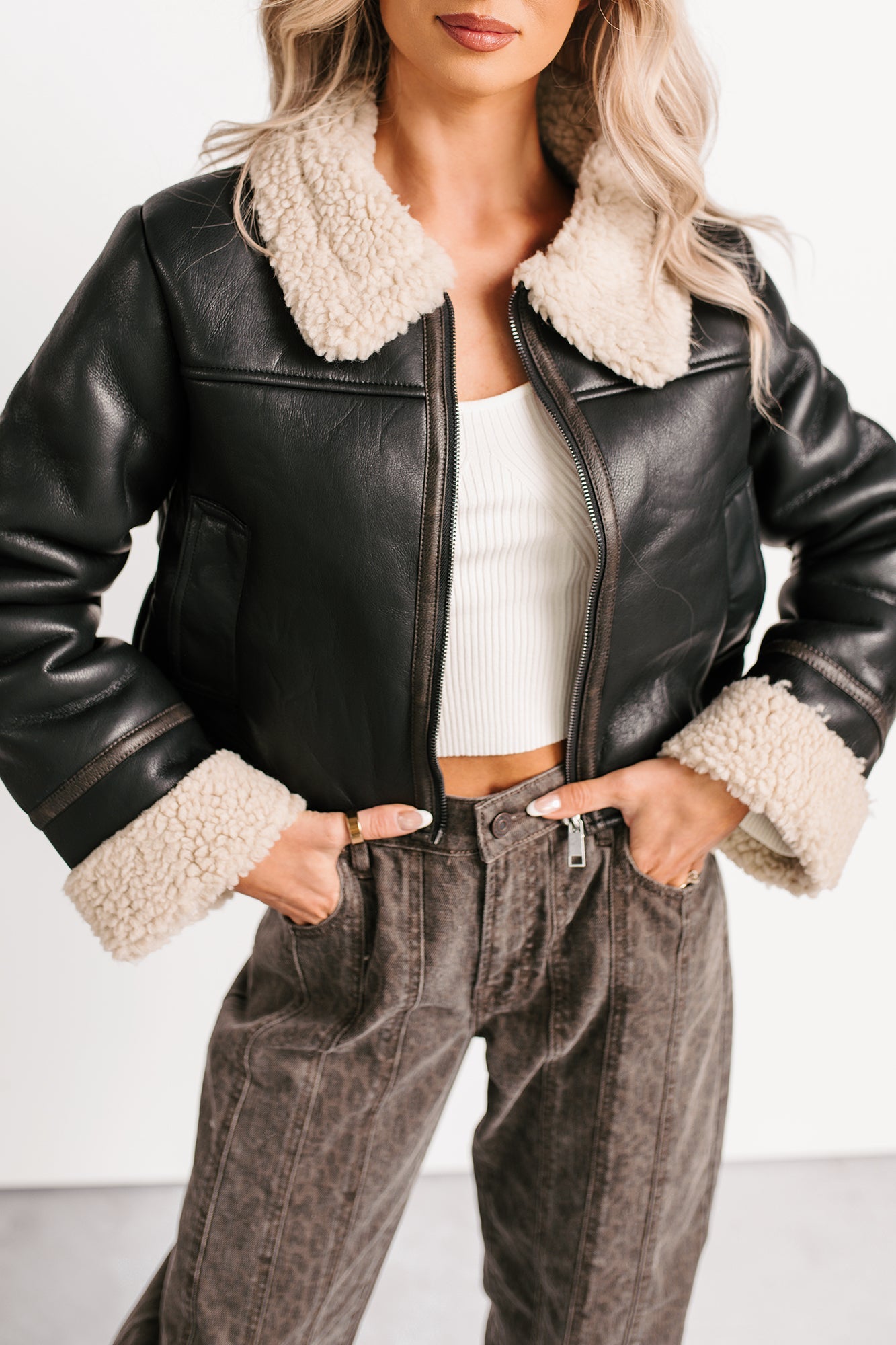 Serves You Right Sherpa Lined Faux Leather Jacket (Black)