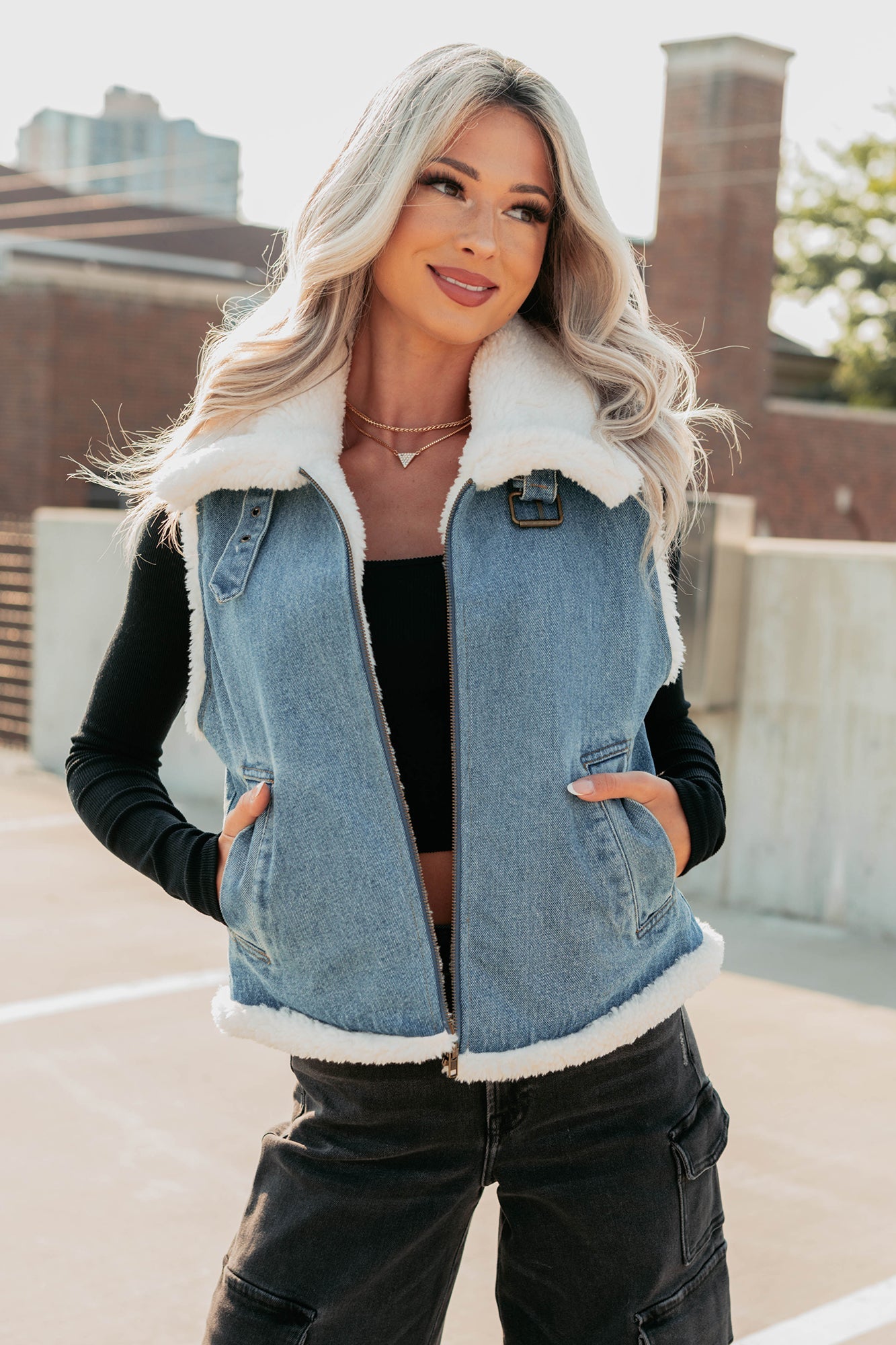 Rewriting Myself Sherpa Denim Vest (Medium Wash)