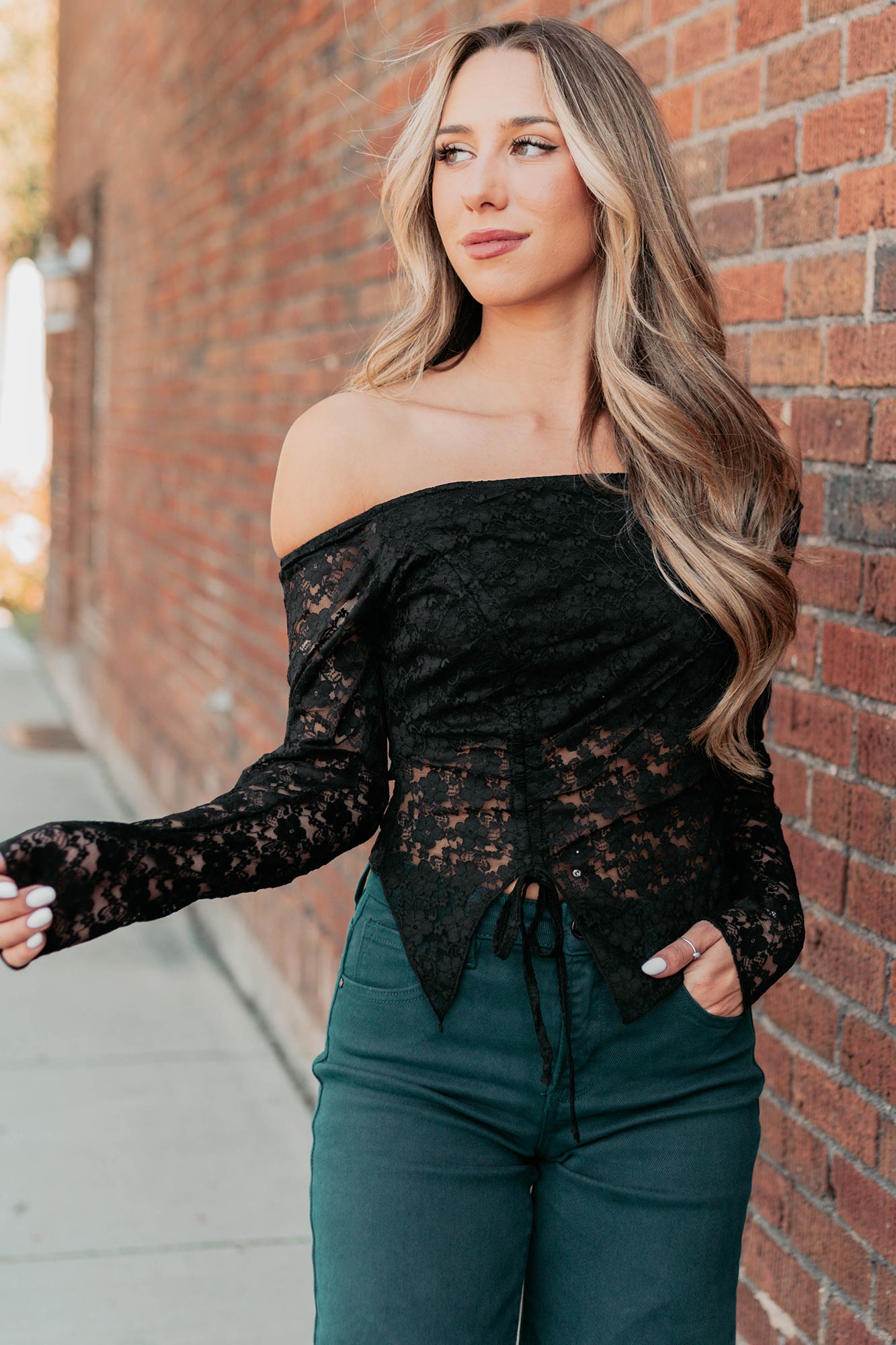 Up To Standard Ruched Lace Asymmetric Top (Black)