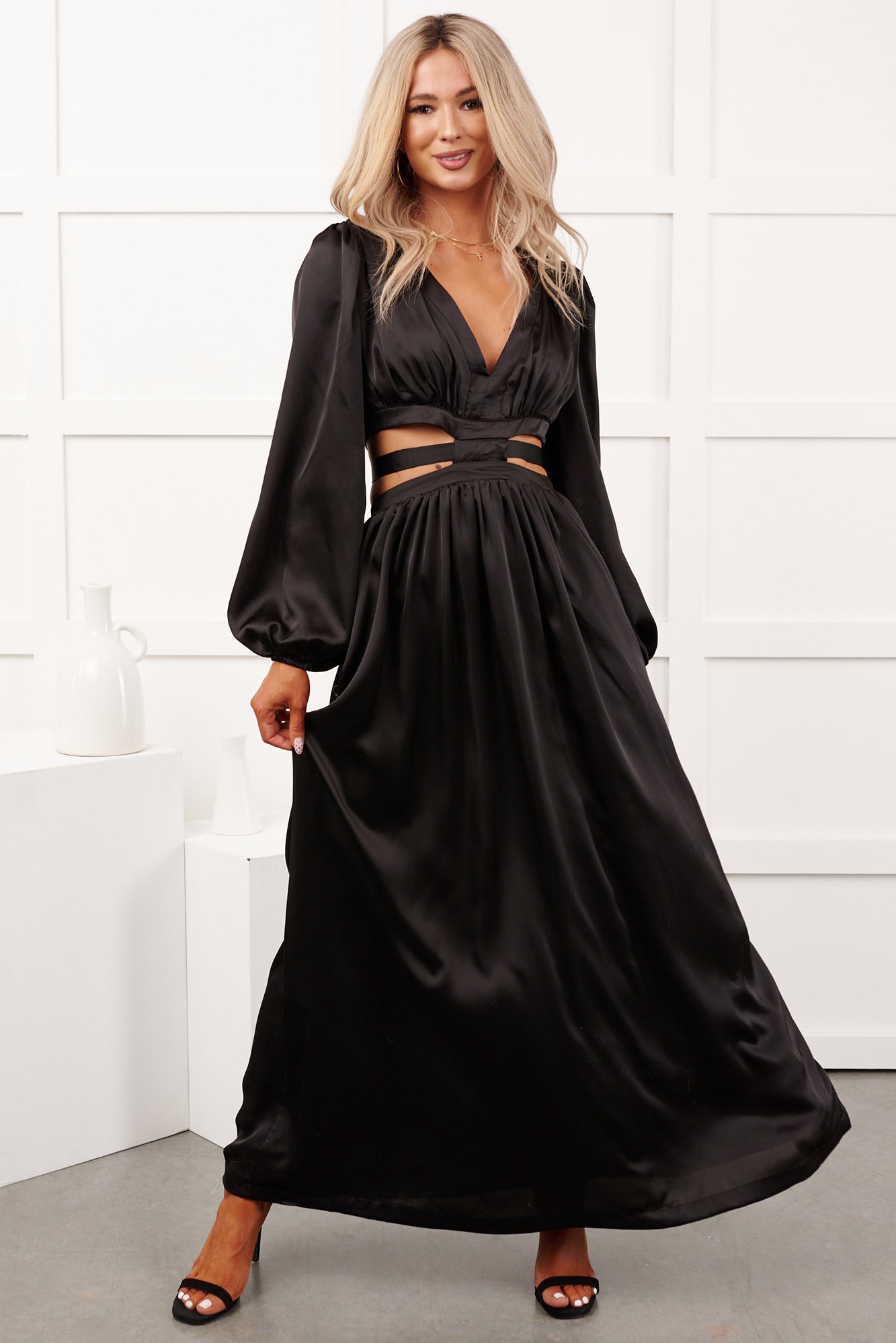Pure Glamour Long Sleeve Satin Maxi Dress (Black)