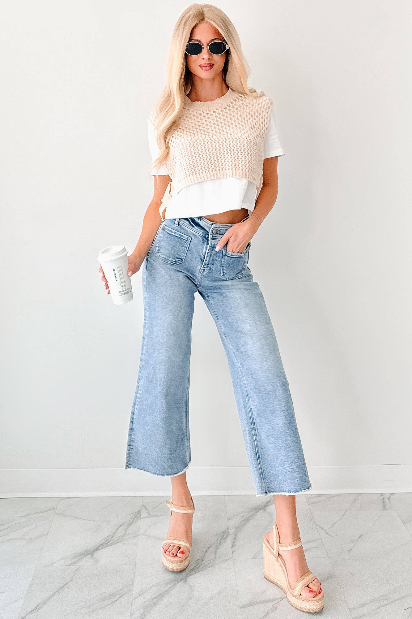 Too Cool To Care Layered Crochet Vest Tee (Bone)