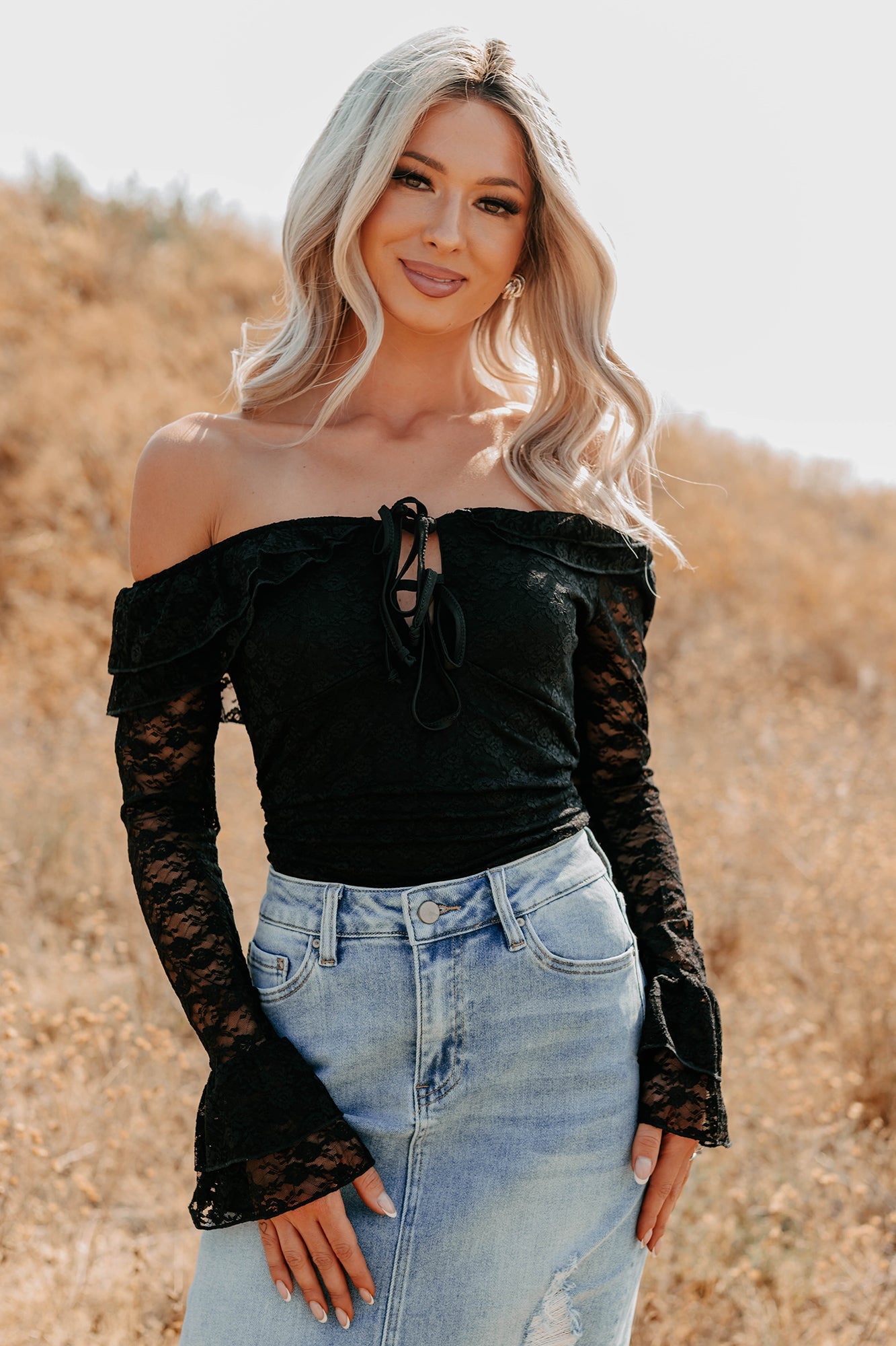 Throne Ready Off The Shoulder Lace Bodysuit (Black)